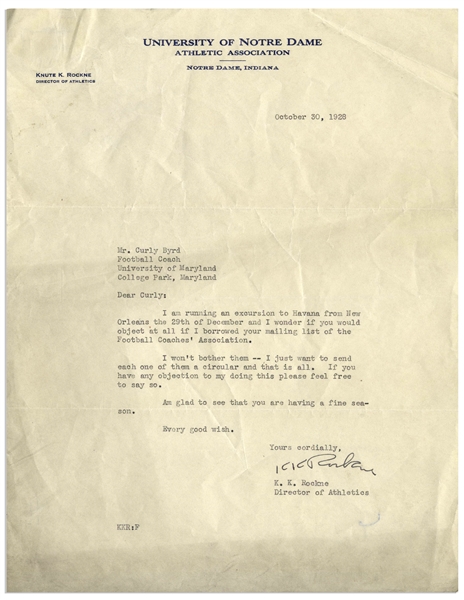 Knute Rockne Letter Signed From 30 October 1928, Just 11 Days Before His ''Win one for the Gipper'' Speech -- With JSA COA